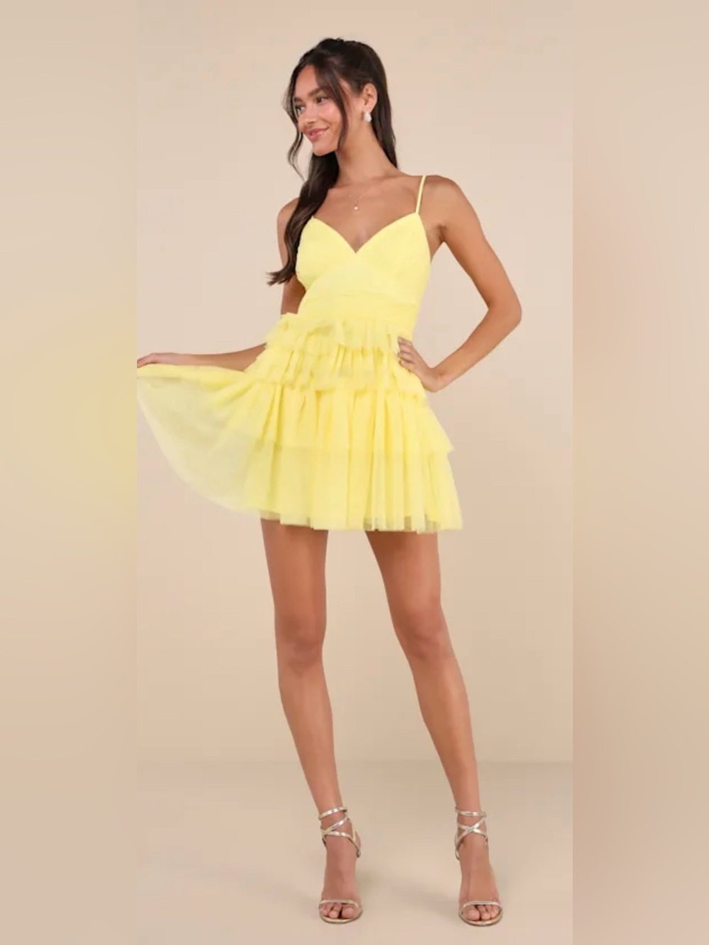 Lulus NWT Special Poise Yellow Tulle Tiered Mini Dress Homecoming Size M - Picture 2 of 14